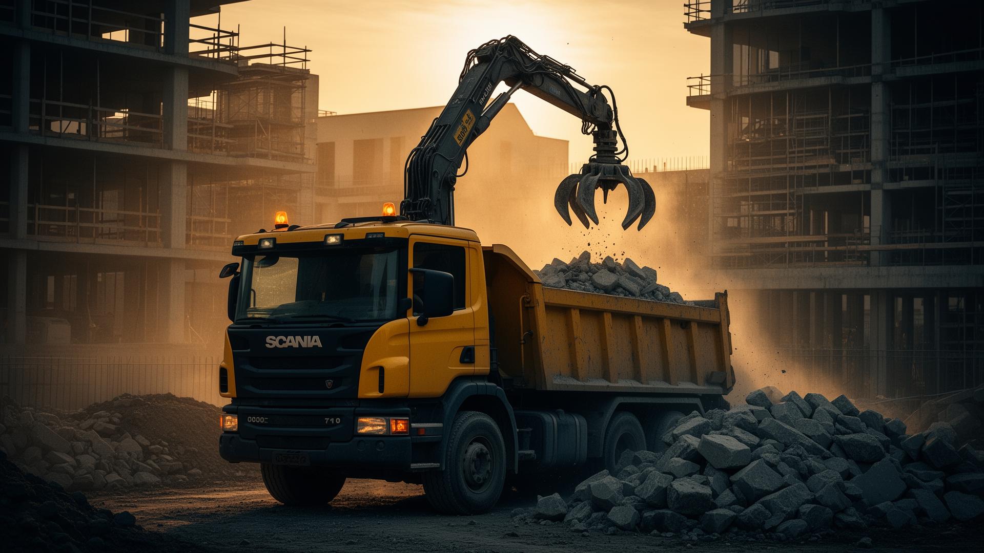 Scania tipper truck with hydraulic grabber loading rubble